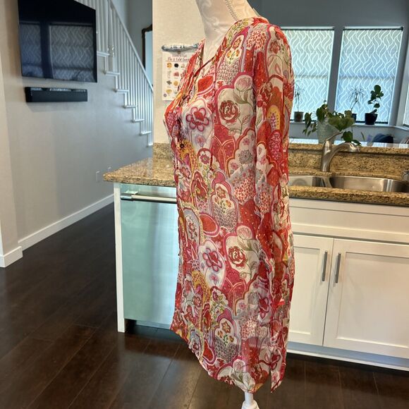 Manuel Canovas Womens Long Sleeve V Neck Floral Shift Dress 100% Silk 8 10 - Picture 3 of 16